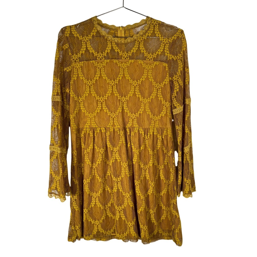 Xhilaration Mustard Yellow Lace Bell Sleeve Mini Dress Boho Festival Large‎